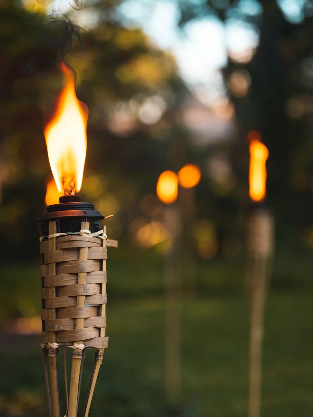A lit tiki torch in the foreground with more torches glowing along a dusk garden path